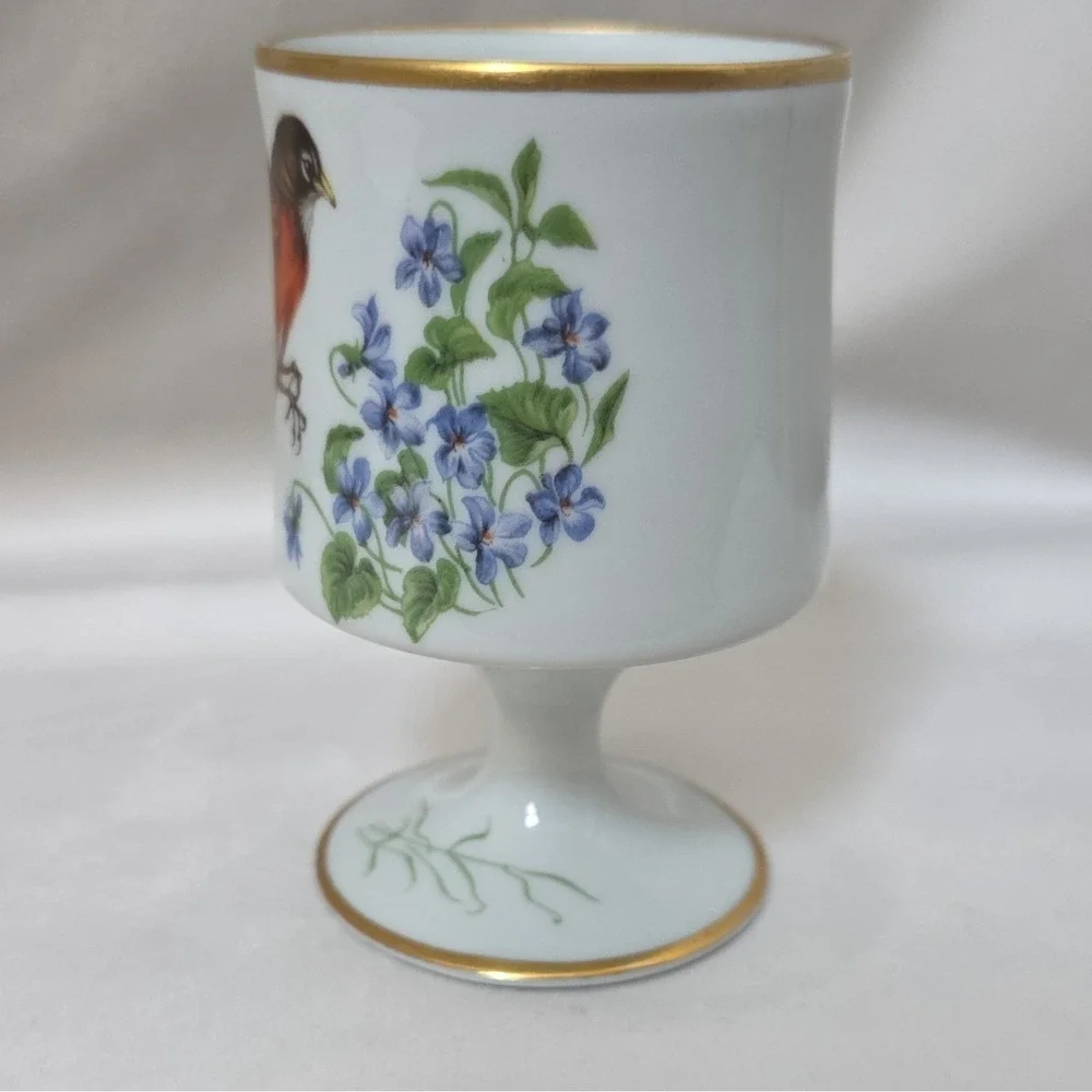 Limoges France VINTAGE Porcelain Egg Cup Bird and Floral Design Gold Trim